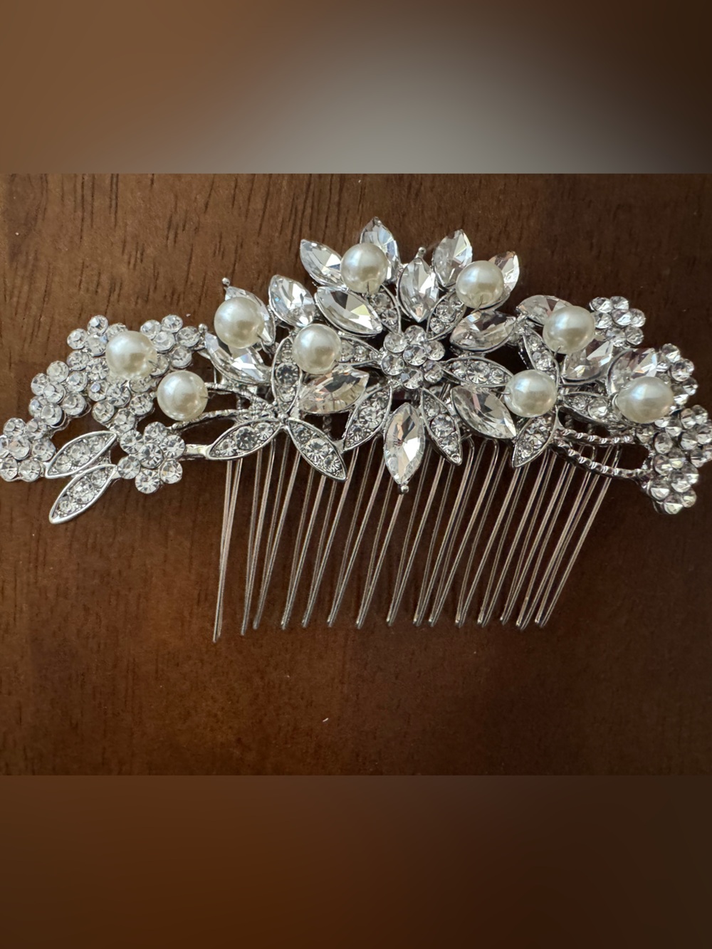 Crystal and Pearl Bridal Hair Comb - Silver Tone